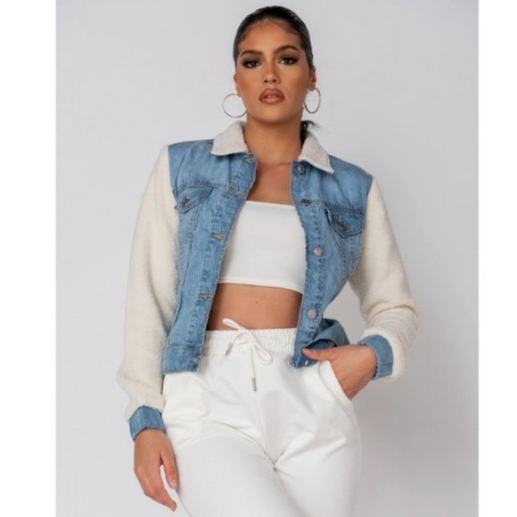 Denim Jeans Jacket with Long Shearling Sleeve and Collar - Picture 1 of 11